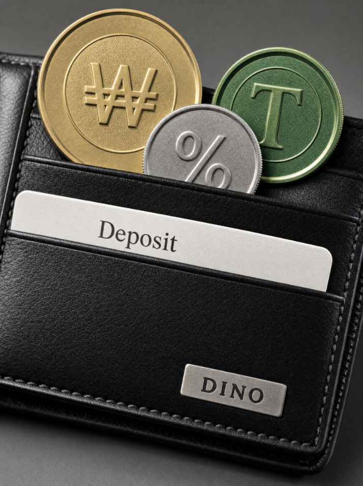 원화·USDT·퍼센트 코인이 꽂힌 DINO 지갑 일러스트(다이노 입금·출금 안내)